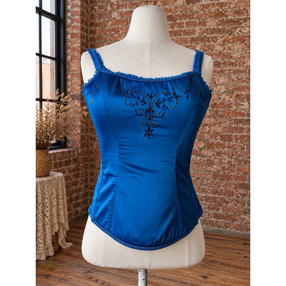 VTG Y2K Victorias Secret 2006 Blue Satin Beaded Corset Top S Fairy *READ